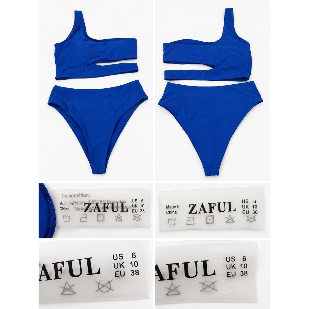 Zaful Blue One-Shoulder Cut-Out 2-Piece Bikini Set Stretch Solid US 6
